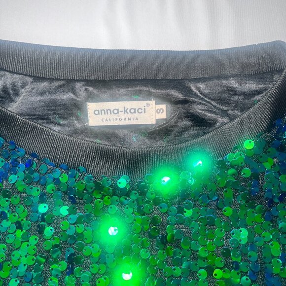 Anna-Kaci Mermaid Sequin Pullover Top Small Green Blue Sparkle Long Sleeve - Picture 4 of 7